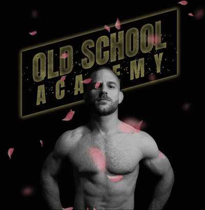 A Shirtless Man Is Standing In Front Of A Sign That Says Old School Academy GIF