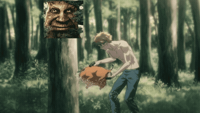 A Shirtless Man Is Standing In The Woods Holding A Pumpkin GIF