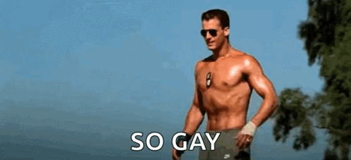 A Shirtless Man Is Standing Next To A Volleyball And Says `` So Gay '' . GIF