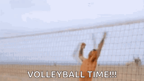 A Shirtless Man Is Standing On A Beach Holding A Volleyball And Saying `` Volleyball Time '' . GIF