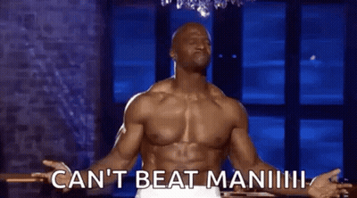 A Shirtless Man Is Standing With His Arms Outstretched And Says `` Can 'T Beat Man ! '' GIF