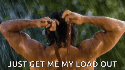 A Shirtless Man Is Taking A Shower In The Rain With The Words Just Get Me My Load Out Above Him . GIF