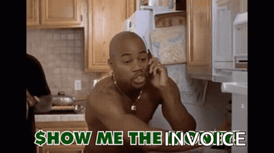 A Shirtless Man Is Talking On A Cell Phone In A Kitchen With The Words Show Me The Invoice Below Him GIF