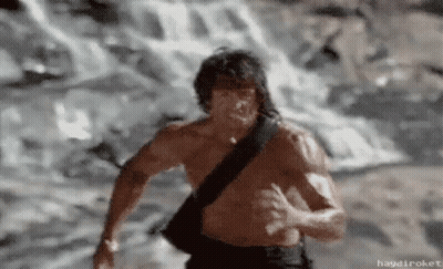 A Shirtless Man Running In Front Of A Waterfall With Haydiroket Written On The Bottom GIF