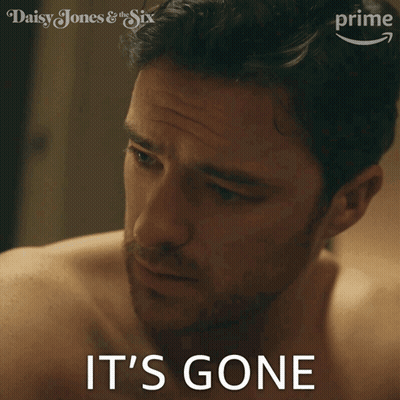 A Shirtless Man Says It 'S Gone Next To A Picture Of Daisy Jones And The Six GIF