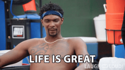 A Shirtless Man Says Life Is Great In A Laugh Out Loud Advertisement GIF