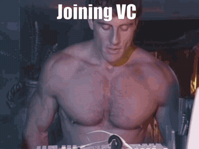 A Shirtless Man Sitting In Front Of A Computer With The Words Joining Vc Written On The Screen GIF