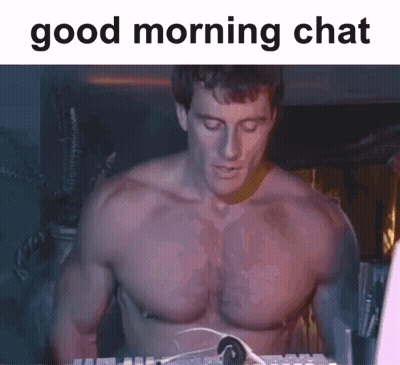 A Shirtless Man Sitting In Front Of A Keyboard With The Words Good Morning Chat Written Below Him GIF