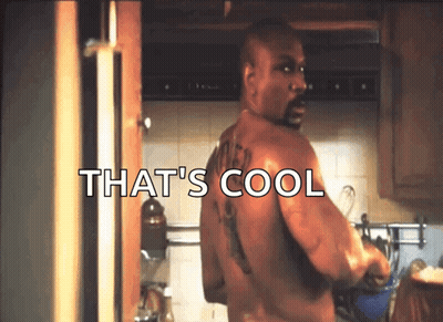 A Shirtless Man Standing In A Kitchen With The Words That 'S Cool Above Him GIF