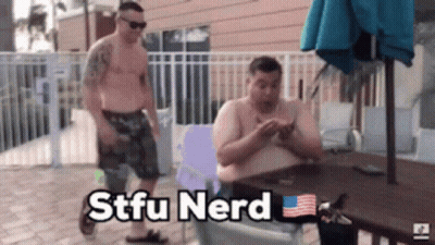 A Shirtless Man Standing Next To Another Shirtless Man With The Words Stfu Nerd On The Bottom Right GIF