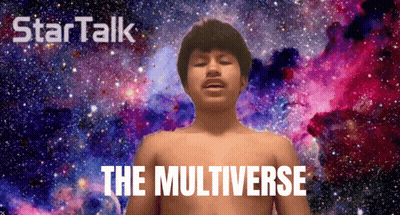 A Shirtless Man Stands In Front Of A Galaxy With The Words " The Multiverse " Written Below Him GIF