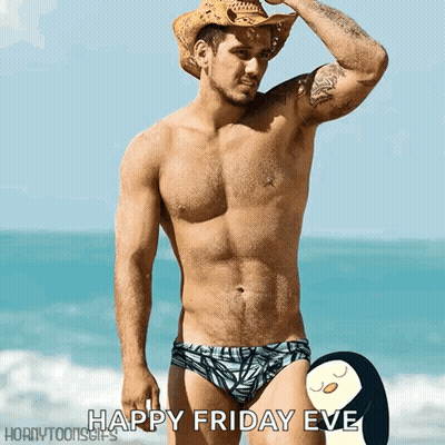 a shirtless man wearing a cowboy hat and swim trunks on the beach