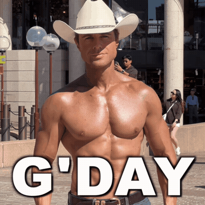 A Shirtless Man Wearing A Cowboy Hat Stands In Front Of A Sign That Says G'day GIF