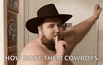 A Shirtless Man Wearing A Cowboy Hat With The Words How Bout Them Cowboys Above Him GIF
