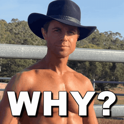 A Shirtless Man Wearing A Cowboy Hat With The Words Why Written Below Him GIF