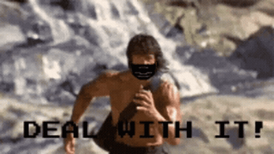 A Shirtless Man Wearing A Mask Is Running In Front Of A Waterfall With The Words Deal With It Below Him . GIF