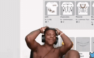 A Shirtless Man Wearing Headphones Is Sitting In Front Of A Screen That Says Muscles GIF