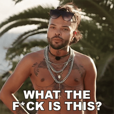A Shirtless Man Wearing Sunglasses And Necklaces Is Asking What The F * Ck Is This GIF