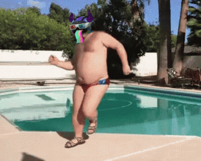 A Shirtless Man With A 3D Helmet On His Head Is Dancing By A Pool GIF