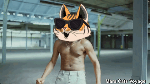 A Shirtless Man With A Cat Face On His Head And The Words Mars Cats Voyage Below GIF