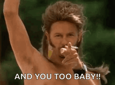 A Shirtless Man With A Mullet Is Smoking A Cigarette And Pointing . GIF