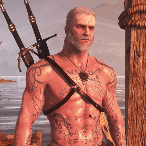 A Shirtless Man With A Sword On His Shoulder Has A Tattoo On His Chest That Says " I Love You " GIF