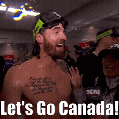 A Shirtless Man With A Tattoo On His Chest And The Words Let 'S Go Canada On The Bottom GIF