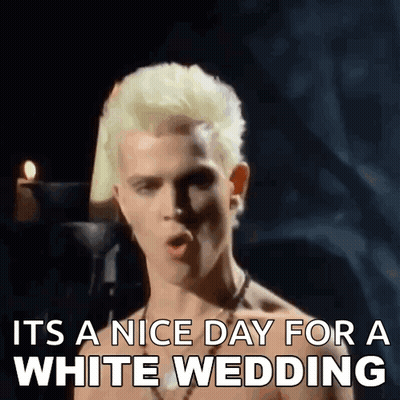 A Shirtless Man With Blonde Hair Singing It 'S A Nice Day For A White Wedding GIF