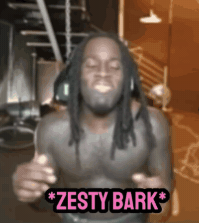 A Shirtless Man With Dreadlocks Is Wearing Headphones And Says Zesty Bark In Pink Letters GIF