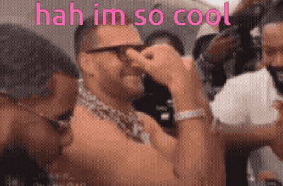 A Shirtless Man With Glasses And A Chain Around His Neck Says ' Hah Im So Cool ' In Pink GIF