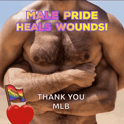 A Shirtless Man With His Arms Crossed And The Words Male Pride Heals Wounds GIF