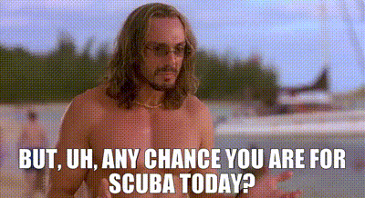 A Shirtless Man With Long Hair And Glasses Is Standing On A Beach With The Words `` But , Uh , Any Chance You Are For GIF