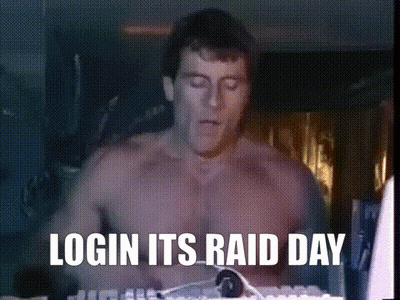 A Shirtless Man With The Words Login Its Raid Day Written Below Him GIF