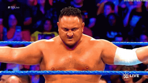 A Shirtless Wrestler Is Standing In A Blue Wrestling Ring . GIF