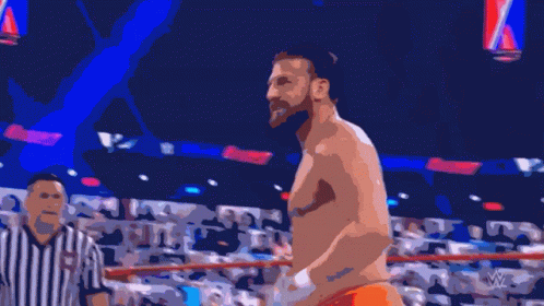 A Shirtless Wrestler Is Standing In A Ring With A Referee Behind Him GIF