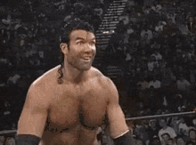 A Shirtless Wrestler Is Standing In A Ring With His Hands Outstretched . GIF