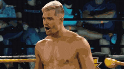 A Shirtless Wrestler Stands In A Ring With The Hashtag # 205Live GIF