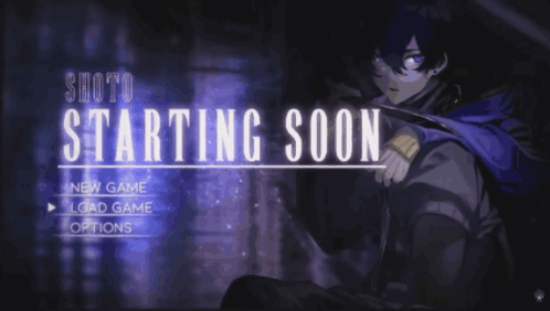 A Shoto Starting Soon Screen With A Blue Cape On A Dark Background GIF