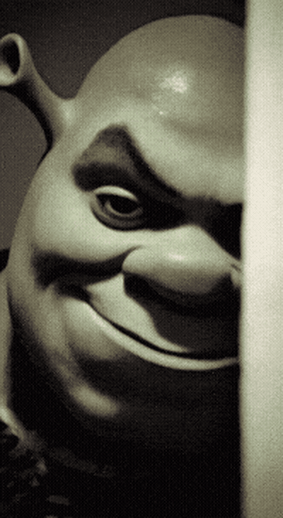 A Shrek Statue Is Smiling And Looking At The Camera GIF