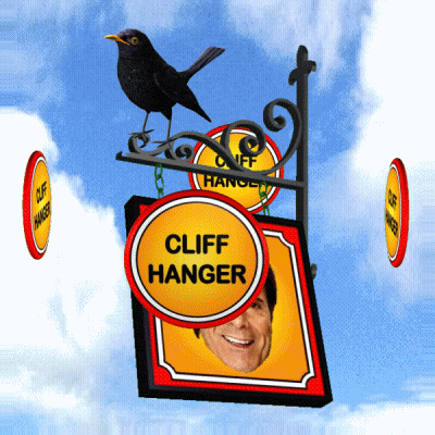 A Sign For Cliff Hanger With A Bird On Top GIF