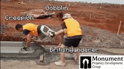 A Sign For Monument Property Development Group Shows A Group Of People Working On A Construction Site GIF