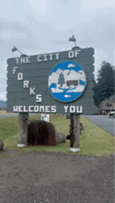 A Sign For The City Of Forks Welcomes Visitors GIF