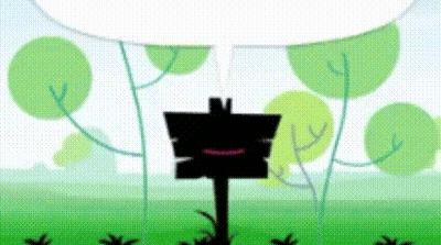 A Sign In A Field With Trees In The Background And A Speech Bubble . GIF