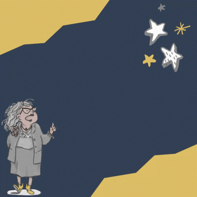 A Sign That Says 2 Weeks To Go With A Cartoon Of An Older Woman GIF
