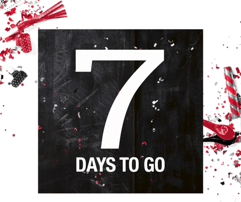 A Sign That Says 7 Days To Go Is Surrounded By Red And White Confetti GIF