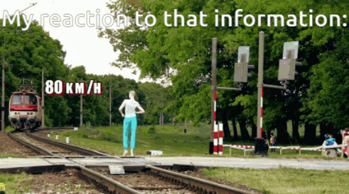 A Sign That Says 80 Km / H Is Above A Railroad Crossing GIF