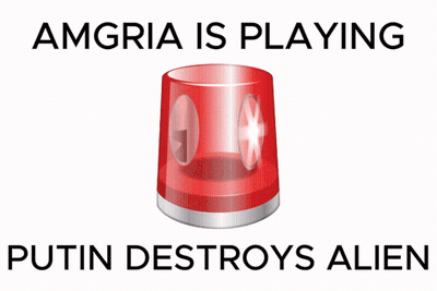A Sign That Says Amgnia Is Playing Putin Destroys Alien On It GIF