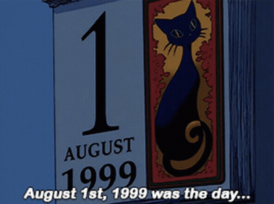 A Sign That Says August 1St 1999 With A Picture Of A Cat GIF