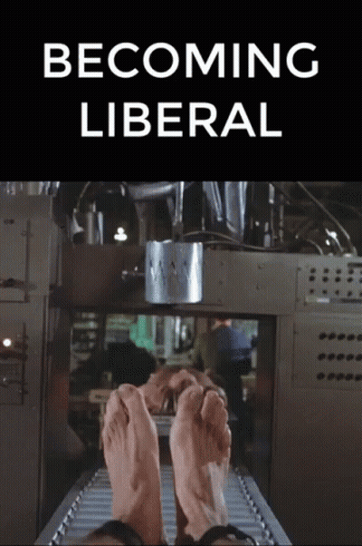 A Sign That Says Becoming Liberal With A Picture Of Feet On A Conveyor Belt GIF