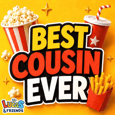 A Sign That Says Best Cousin Ever With Popcorn And Fries GIF
